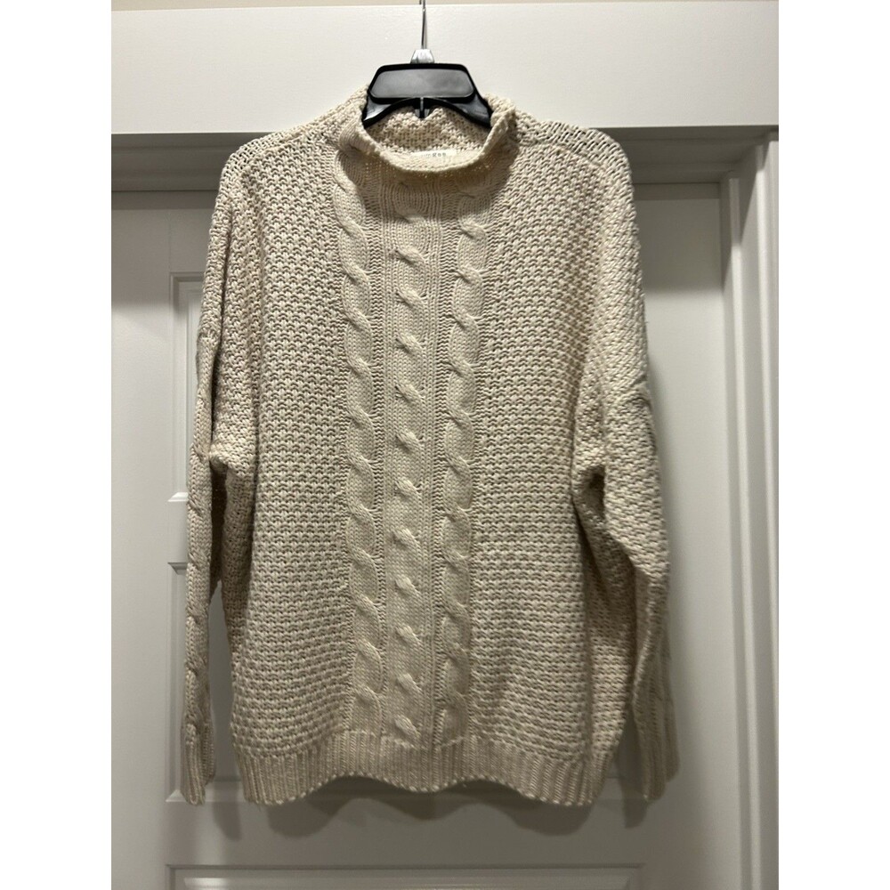 Umgee Cable Knit Mock Neck Long Sleeve Sweater Cream SZ Large Fisherman Preppy
